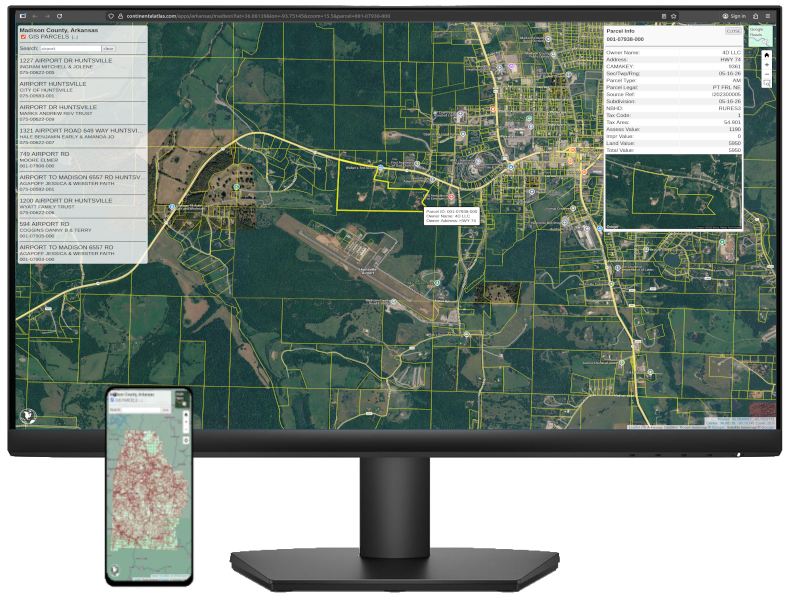 Madison County, Arkansas, parcel mapping application, desktop and mobile