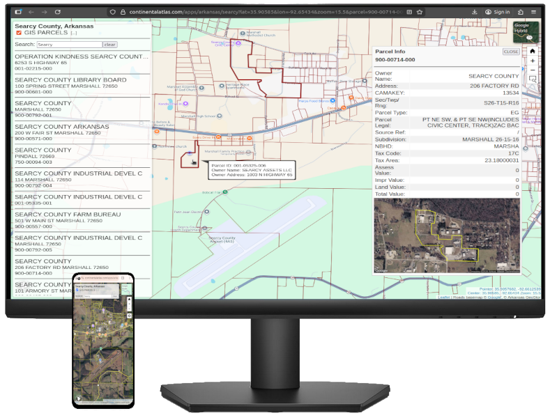 Searcy County, Arkansas, parcel mapping application, desktop and mobile